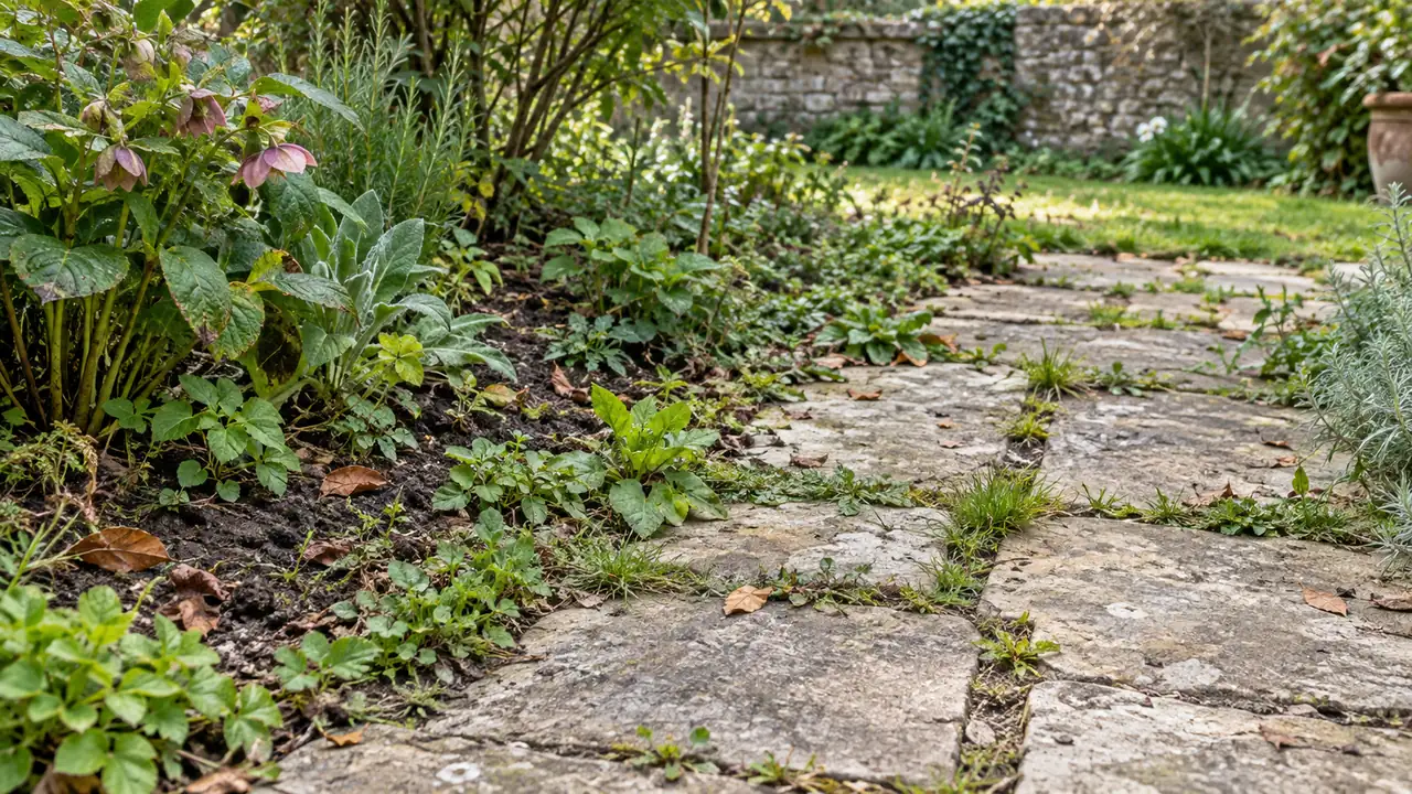 Herbes spontanées entre les joints des dalles d’une allée de jardin.