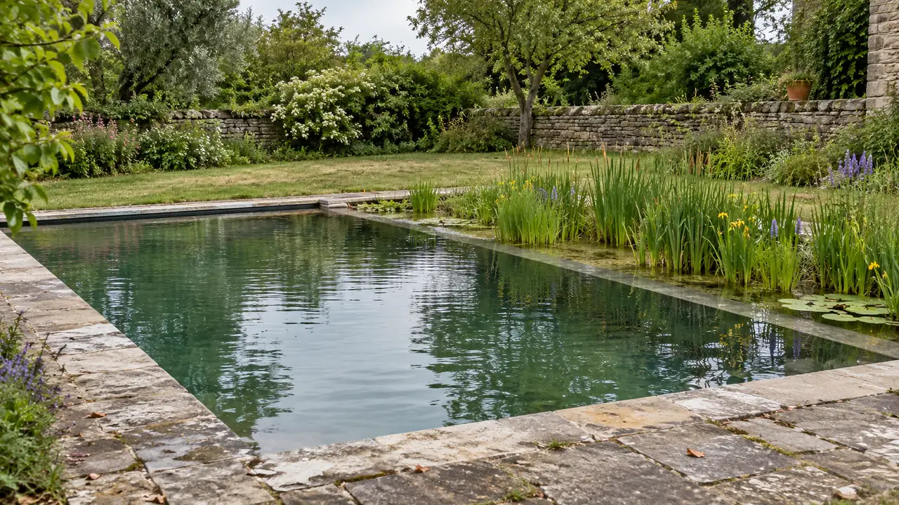 Piscine de jardin bordée de plantes aquatiques.