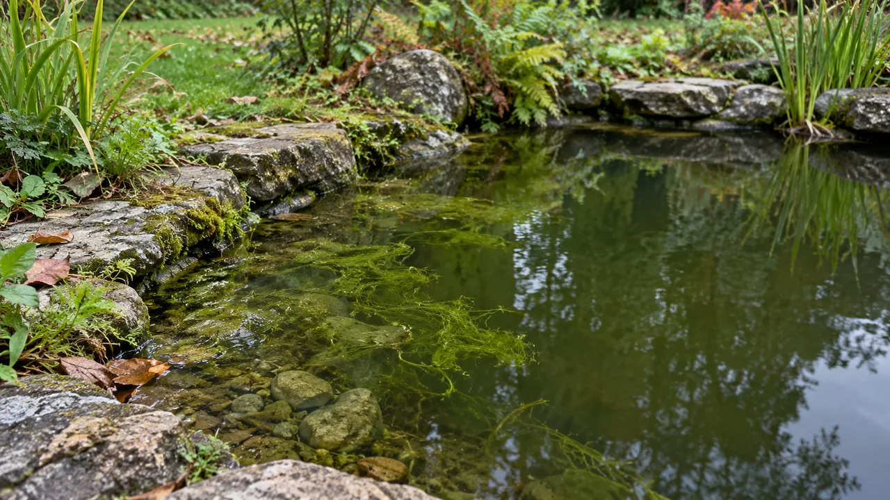 Algues vertes près du bord pierreux d’un bassin de jardin.