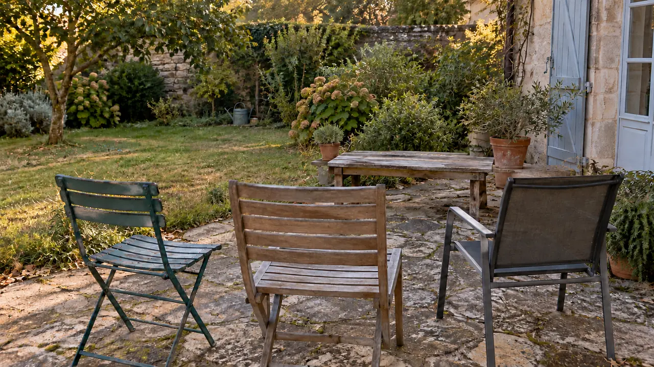 Stone patio with three empty chairs beside a garden with uneven growth.