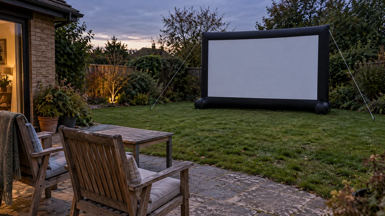 Blank white projection screen, empty chairs and lawn at dusk.