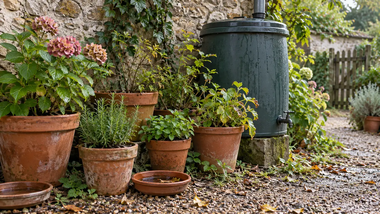 Pots de jardin et soucoupes contenant de l’eau près d’un récupérateur de pluie.