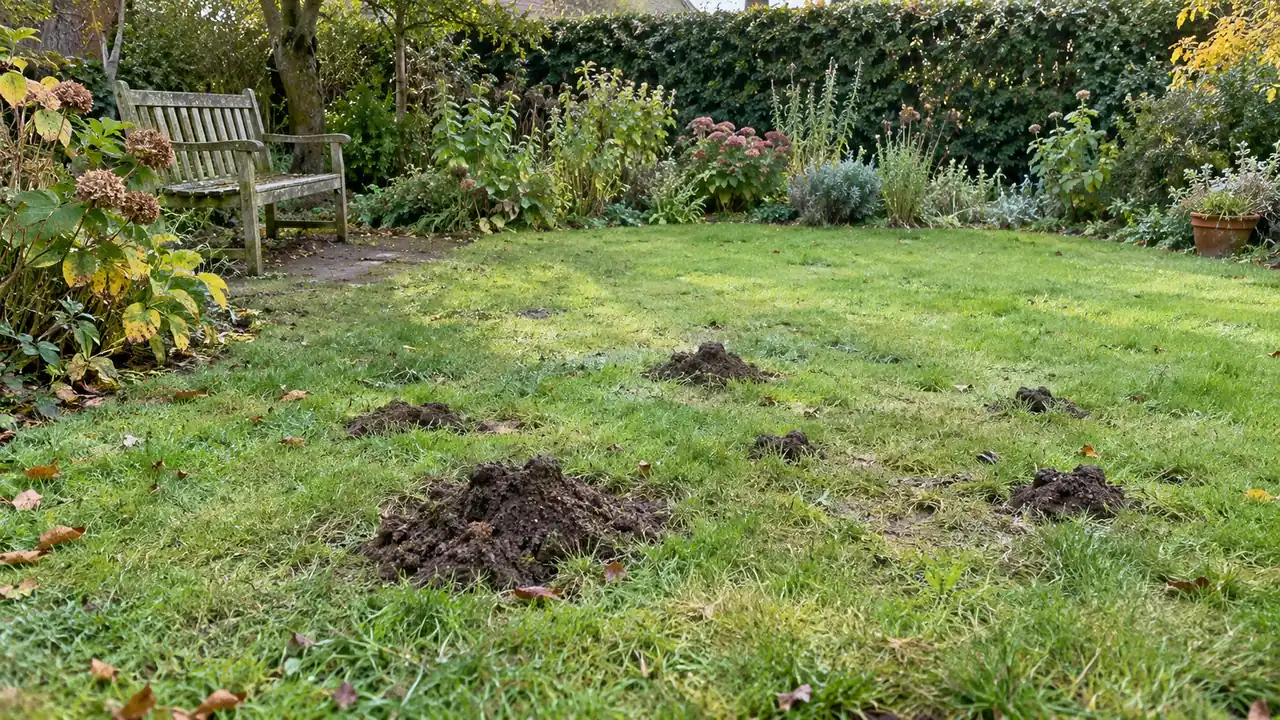 Pequeños montículos de tierra en un césped irregular de jardín.