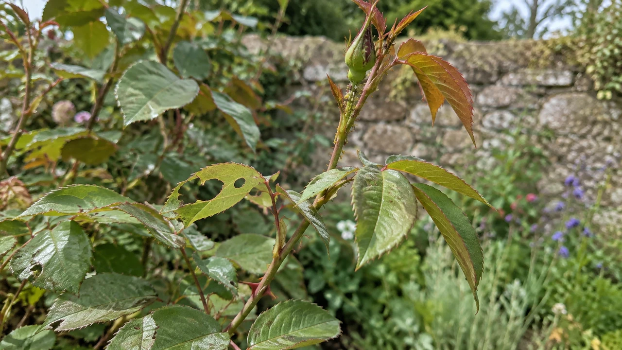 Jeune pousse de rosier au feuillage irrégulier devant un muret de jardin.